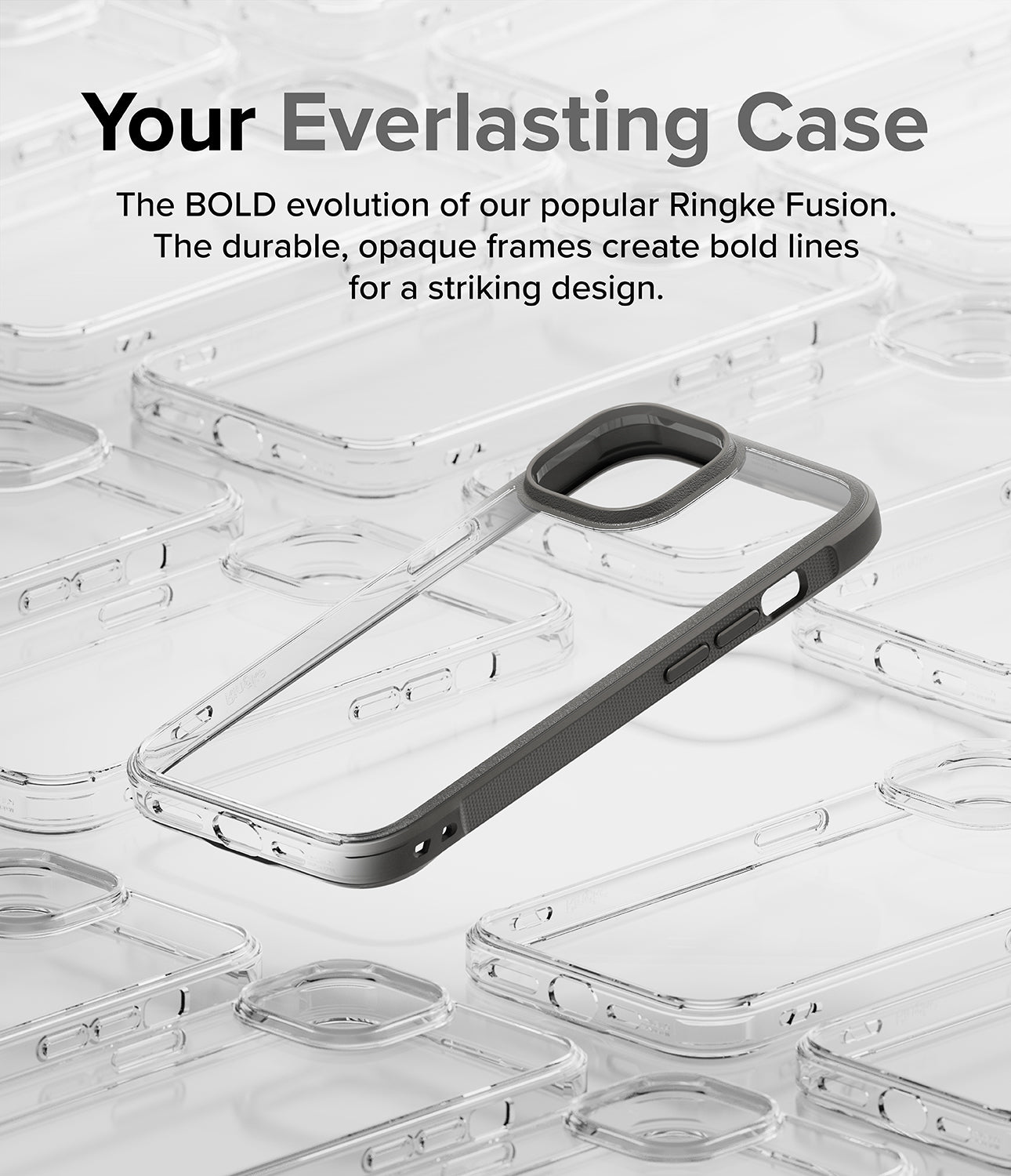 iPhone 15 Case | Fusion Bold Clear/Gray - Your Everlasting Case. The Bold evolution of our popular Ringke Fusion. The durable, opaque frames create bold lines for a striking design.