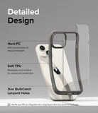 iPhone 15 Case | Fusion Bold Clear/Gray - Detailed Design. Anti-discoloration and impact-resistant with Hard PC. Malleable and resilient for enhanced protection Soft TPU. Duo QuikCatch Lanyard Holes.