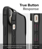 iPhone 15 Case | Fusion Bold Matte/Black - True Button Response. The meticulously designed notch-cutout buttons provide a genuine button feel. Fine Aperture Lines/