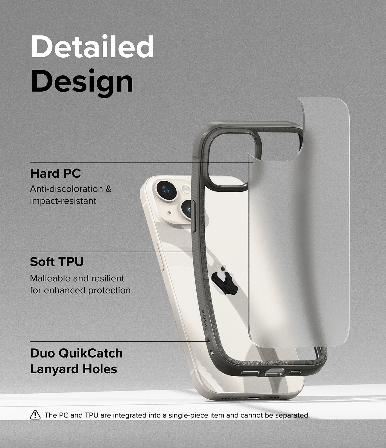 iPhone 15 Case | Fusion Bold Matte/Gray - Detailed Design. Anti-Discoloration and impact-resistant with Hard PC. Malleable and resilient for enhanced protection with Soft TPU. Duo QuikCatch Lanyard Holes.