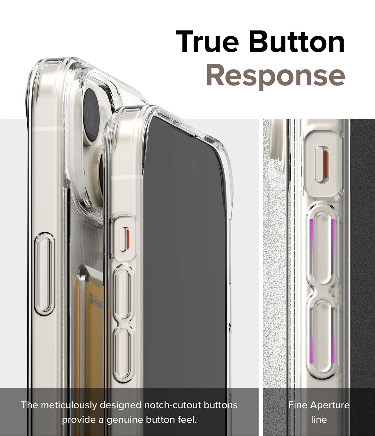 iPhone 15 Case | Fusion Card - True Button Response. The meticulously designed notch-cutout buttons provide a genuine button feel. Fine Aperture Line.