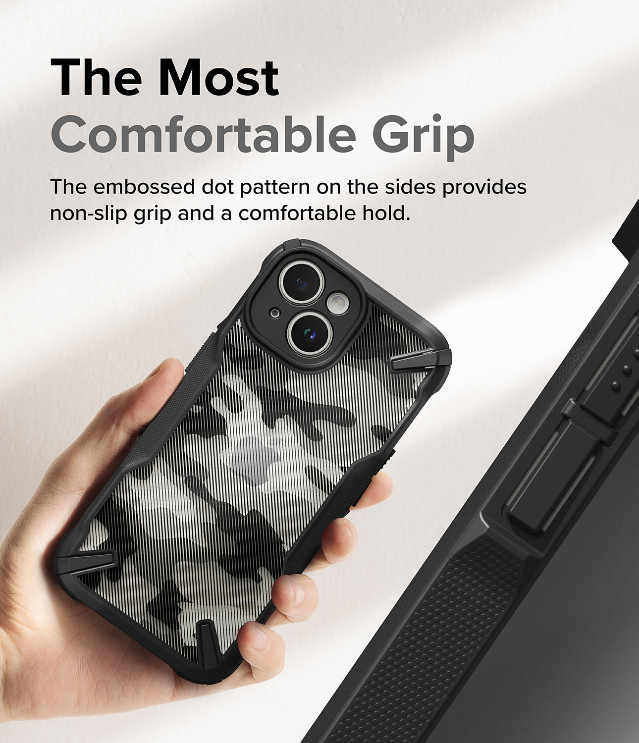 iPhone 15 Case | Fusion-X - Camo Black - The Most Comfortable Grip. The embossed dot pattern on the sides provides non-slip grip and a comfortable hold.