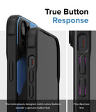 iPhone 15 Case | Onyx Design - Blue Brush - True Button Response. The meticulously designed notch-cutout buttons provide a genuine button feel. Fine Aperture Line.
