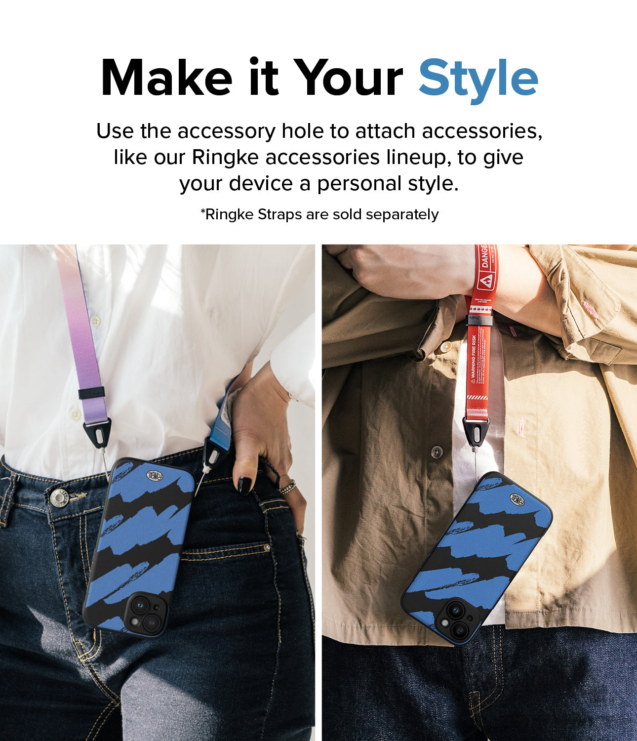 iPhone 15 Case | Onyx Design - Blue Brush - Make it Your Style. Use the accessory hole to attach accessories, like our Ringke accessories lineup, to give your device a personal style.