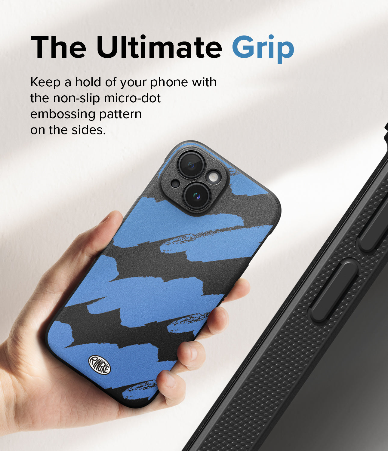 iPhone 15 Case | Onyx Design - Blue Brush - The Ultimate Grip. Keep a hold of your phone with the non-slip micro-dot embossing pattern on the sides.