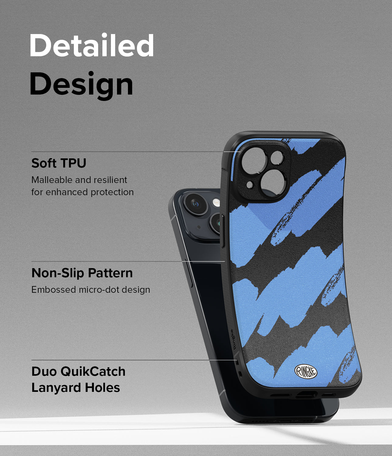 iPhone 15 Case | Onyx Design - Blue Brush - Detailed Design. Malleable and resilient for enhanced protection with Soft TPU. Embossed micro-dot design with Non-Slip Pattern. Duo QuikCatch Lanyard Holes