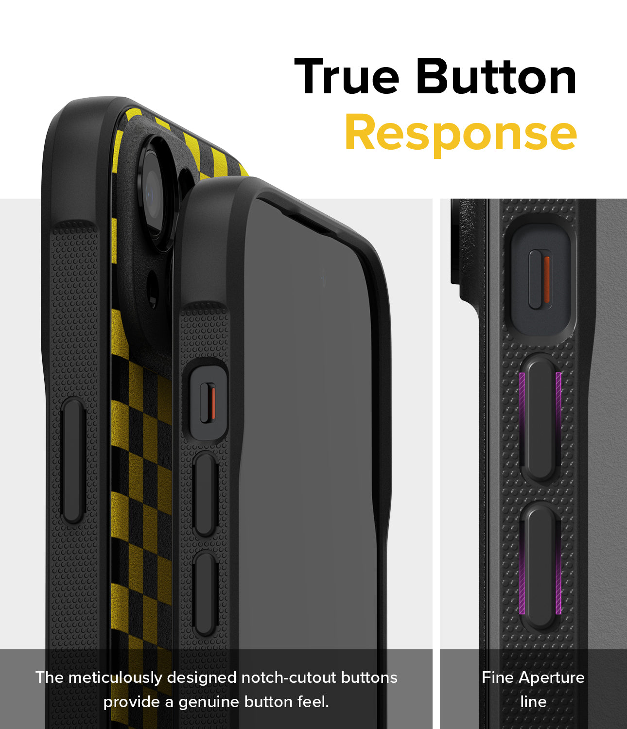 iPhone 15 Case | Onyx Design - Checkerboard Yellow - True Button Response. The meticulously designed notch-cutout buttons provide a genuine button feel. Fine Aperture Line.