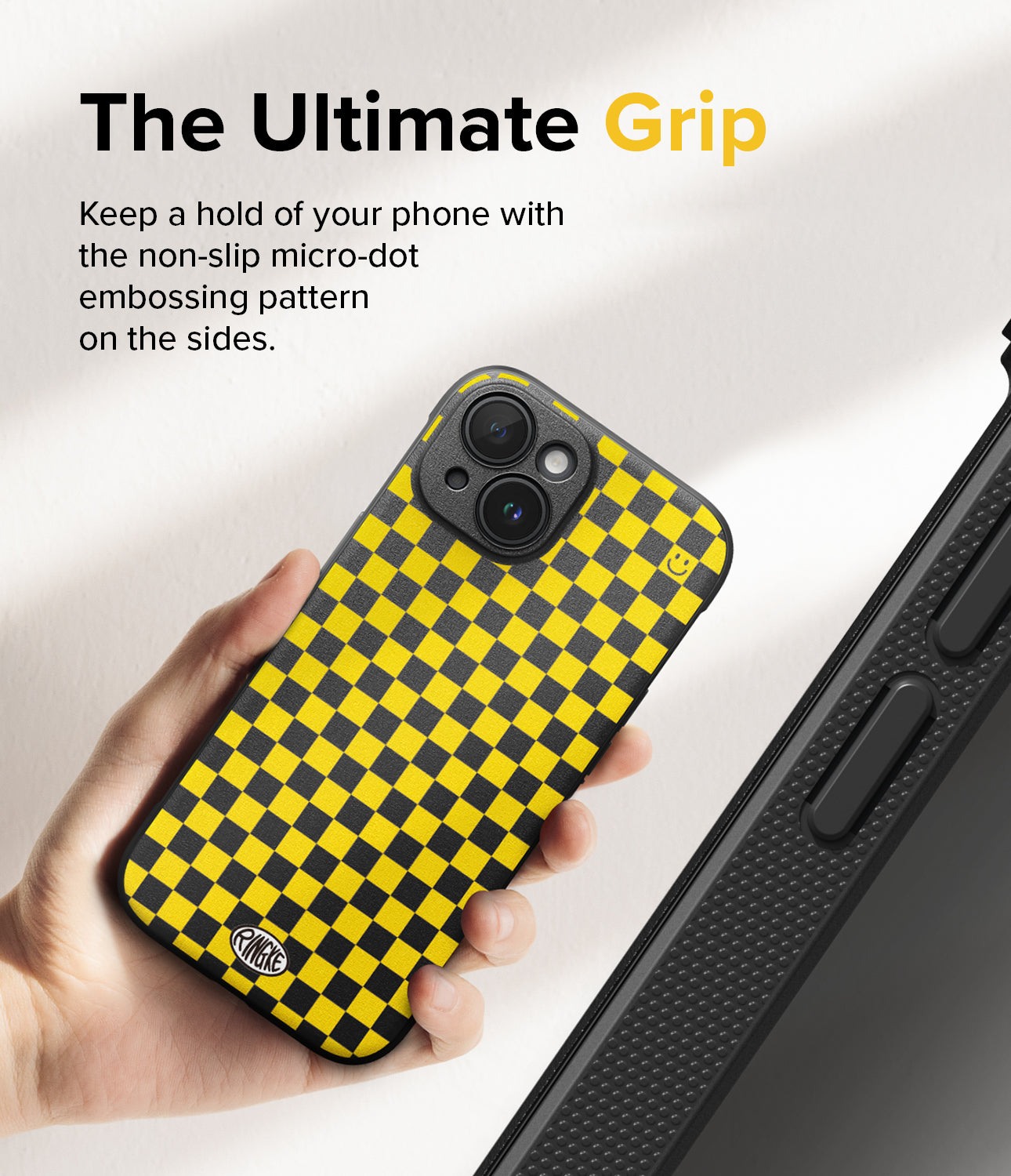iPhone 15 Case | Onyx Design - Checkerboard Yellow - The Ultimate Grip. Keep a hold of your phone with the non-slip micro-dot embossing pattern on the sides.