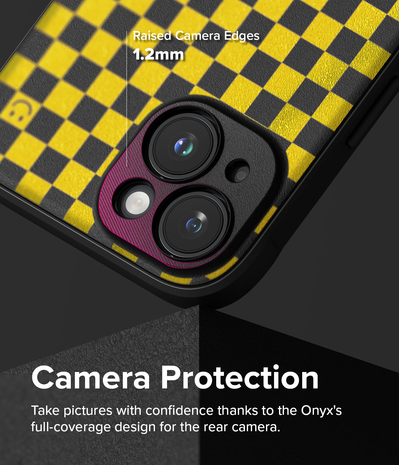 iPhone 15 Case | Onyx Design - Checkerboard Yellow - Camera Protection. Take pictures with confidence thanks to the Onyx's full-coverage design for the rear camera.