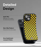 iPhone 15 Case | Onyx Design - Checkerboard Yellow - Detailed Design. Malleable and resilient for enhanced protection with Soft TPU. Embossed micro-dot design with Non-Slip Pattern. Duo QuikCatch Lanyard Holes.