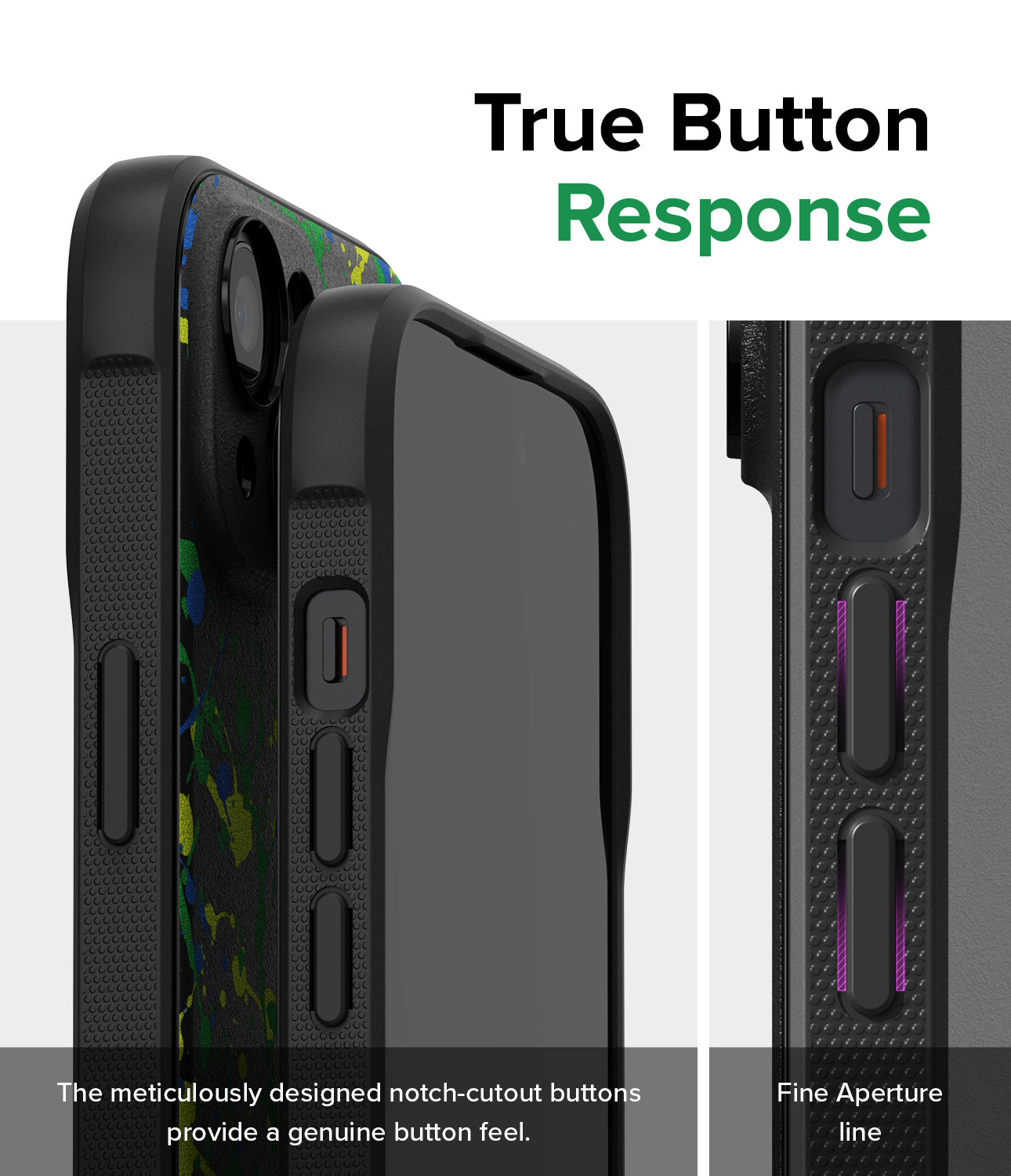 iPhone 15 Case | Onyx Design - Sticker - True Button Response. The meticulously designed notch-cutout buttons provide a genuine button feel. Fine Aperture Line