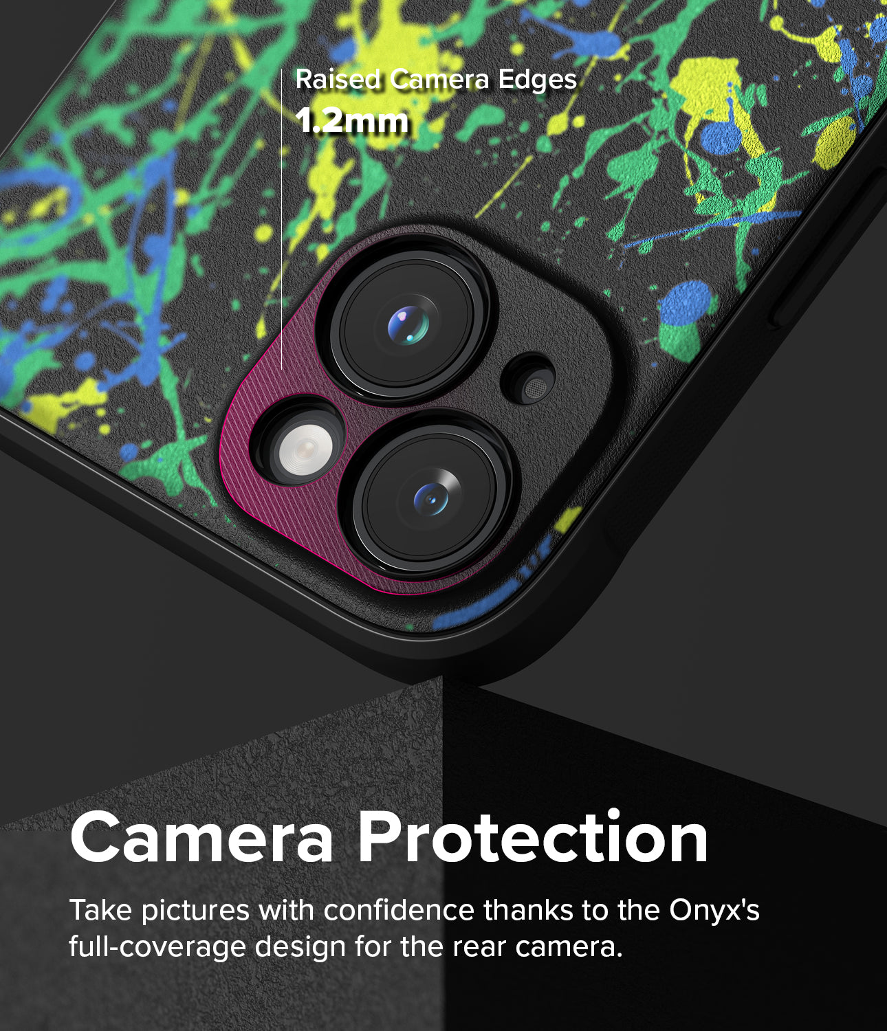 iPhone 15 Case | Onyx Design - Action Painting - Camera Protection. Take pictures with confidence thanks to the Onyx's full-coverage design for the rear camera.