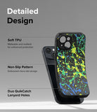 iPhone 15 Case | Onyx Design - Action Painting - Detailed Design. Malleable and resilient for enhanced protection. Embossed micro-dot design with Non-Slip Pattern. Duo QuikCatch Lanyard Holes.