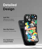 iPhone 15 Case | Onyx Design - Sticker - Detailed Design. Malleable and resilient for enhanced protection with Soft TPU. Embossed micro-dot design with Non-Slip Pattern. Duo QuikCatch Lanyard Holes