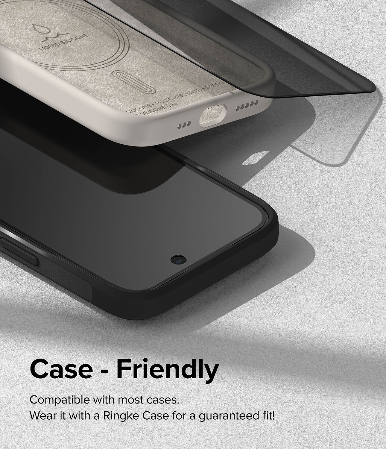 iPhone 15 Screen Protector | Privacy Glass - Case-Friendly. Compatible with most cases. Wear it with a Ringke Case for a guaranteed fit.