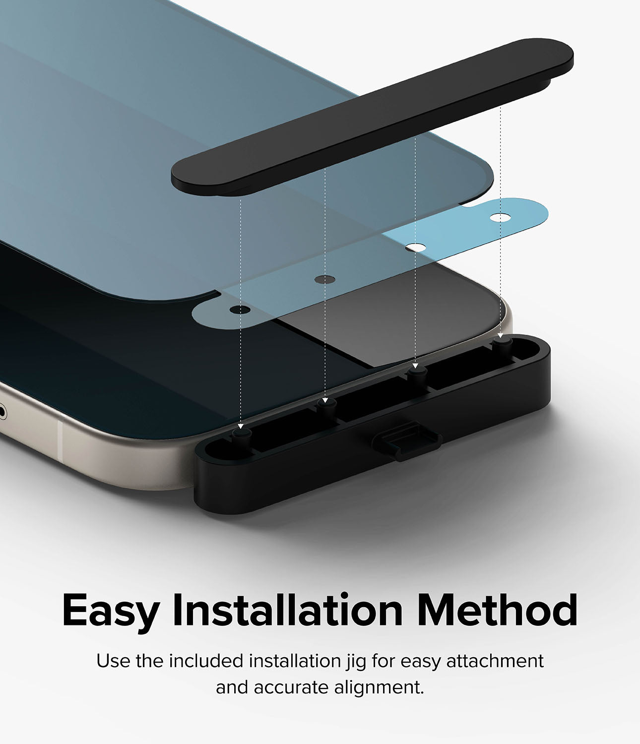 iPhone 15 Screen Protector | Privacy Glass - Easy Installation Method. Use the included installation jig for easy attachment and accurate alignment.