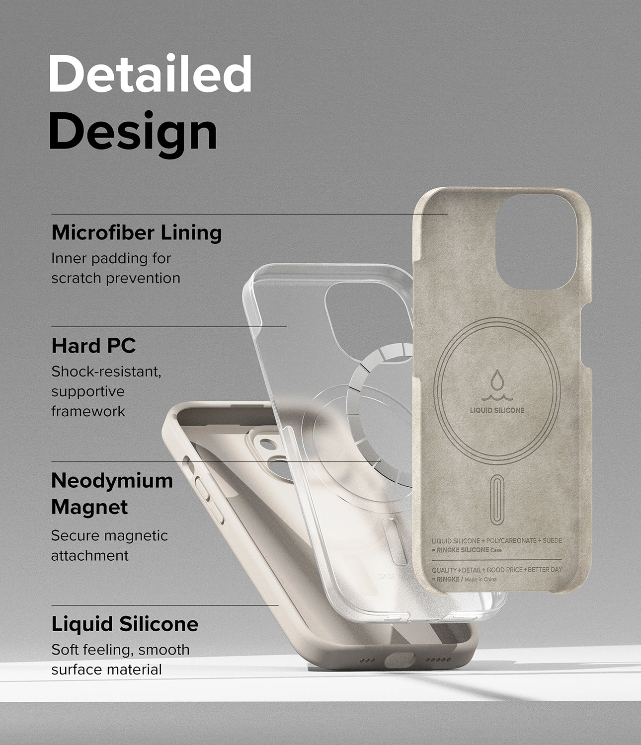 iPhone 15 Case | Silicone Magnetic - Stone - Detailed Design. Inner padding for scratch prevention with Microfiber Lining. Shock-resistant, supportive framework with Hard PC. Secure magnetic attachment with Neodymium Magnet. Soft feeling, smooth surface material with Liquid Silicone.