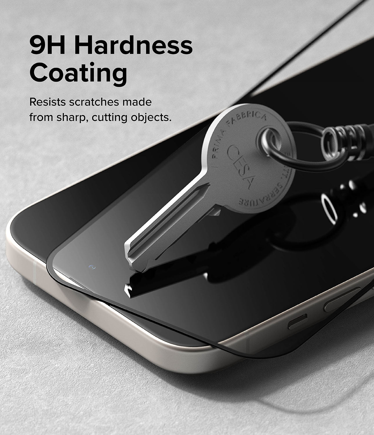 iPhone 15 Screen Protector | Full Cover Glass - 9H Hardness Coating. Resists scratches made from sharp, cutting objects.