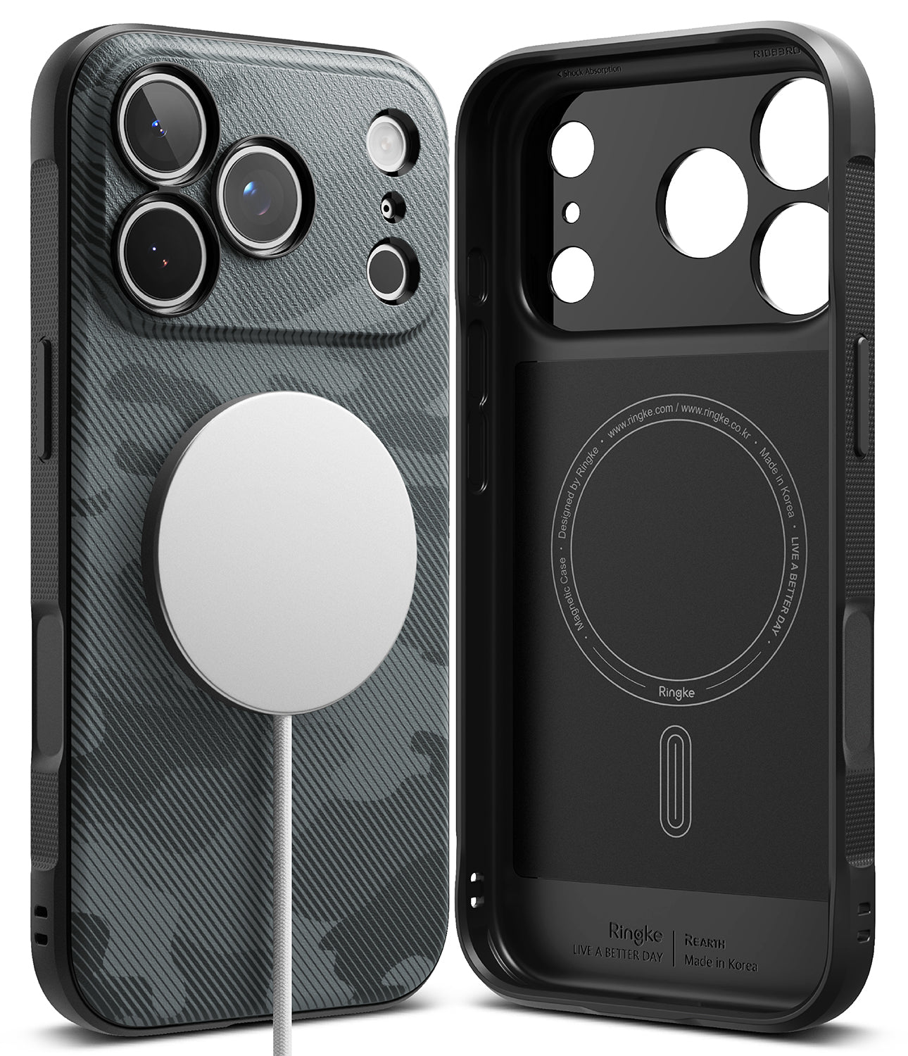 iPhone 18 Pro Max Case | Onyx Magnetic - Two views of a Ringke iPhone case on a white background: the back view shows a dark gray carbon-fiber-style pattern with a large white MagSafe ring, and the inner view shows a black MagSafe-compatible magnetic lining.