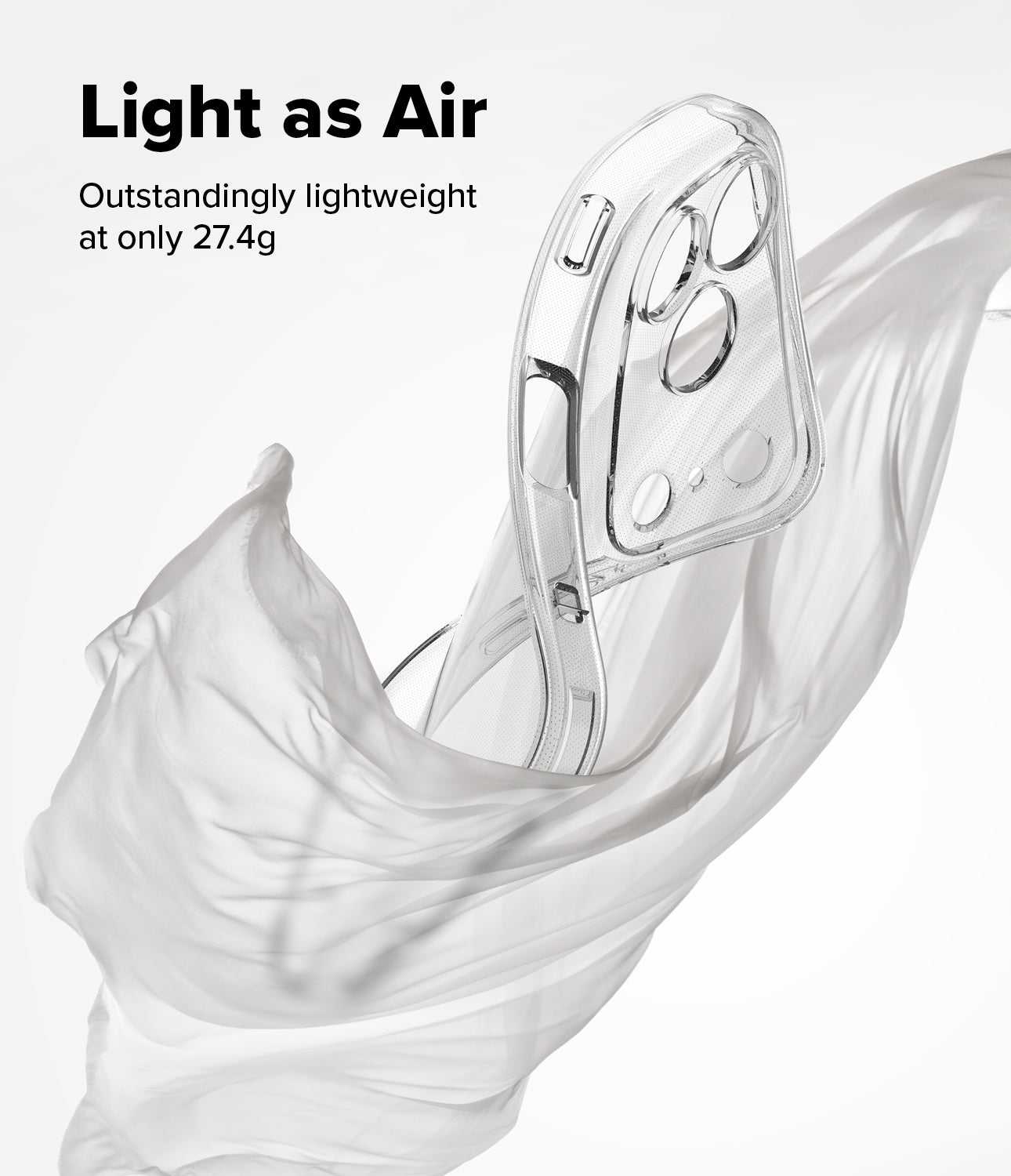 Lightweight iPhone 17 pro max case with text 'Light as Air' and weight '27.4g'.