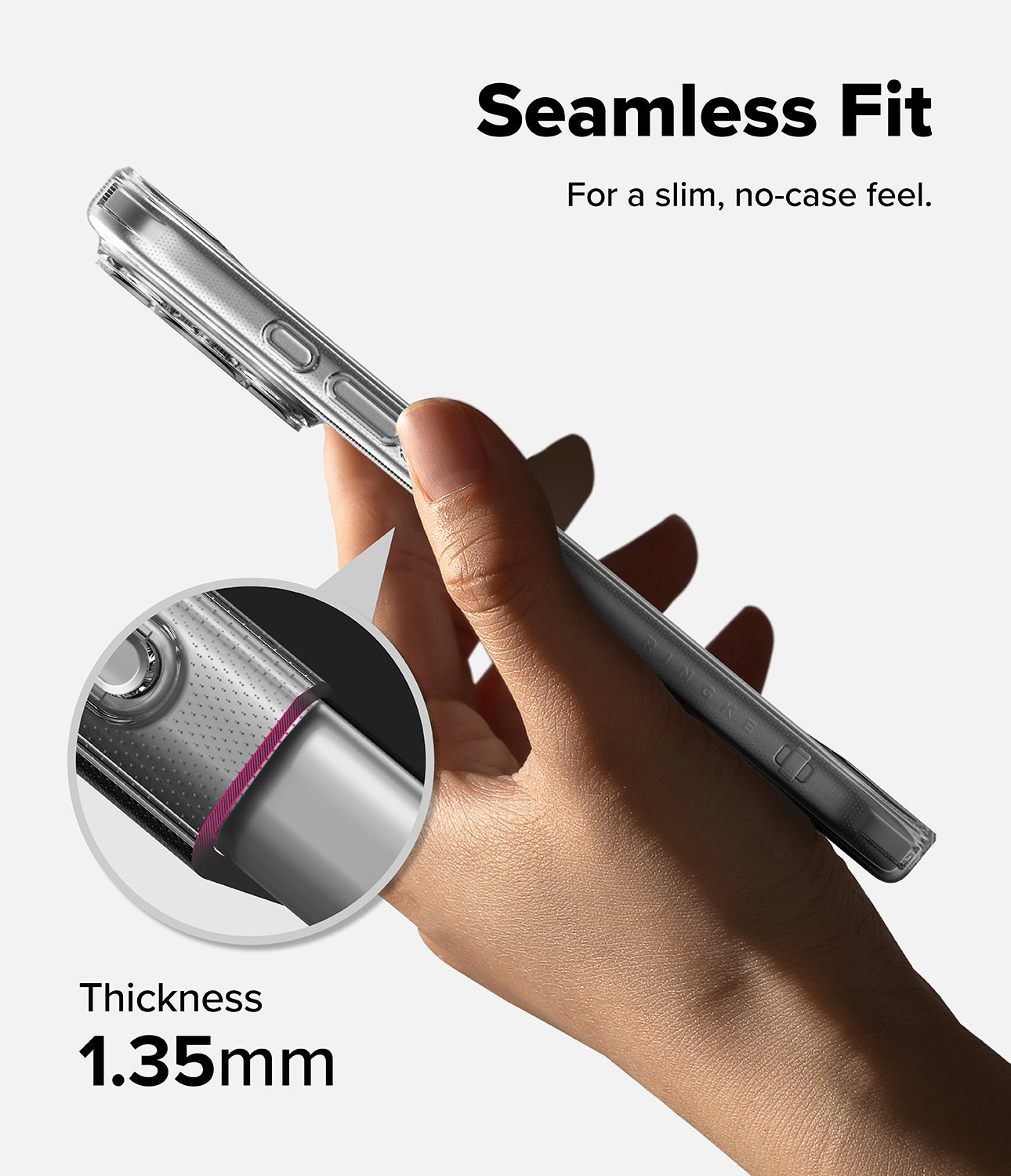 iPhone 17 Pro Max case with a hand holding it, emphasizing 'Seamless Fit' and 'Thickness 1.35 mm'.