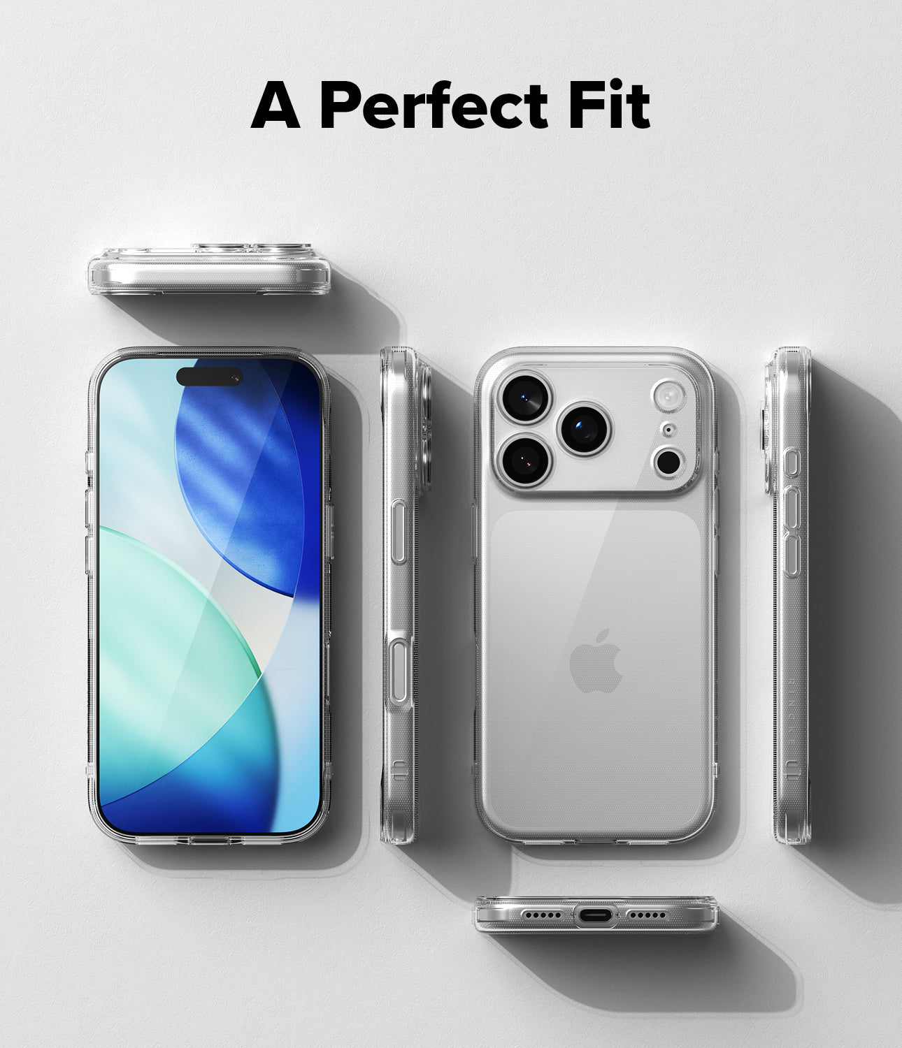 iPhone 17 Pro Max case fitting snugly around an iPhone on a light gray background with 'A Perfect Fit' text.