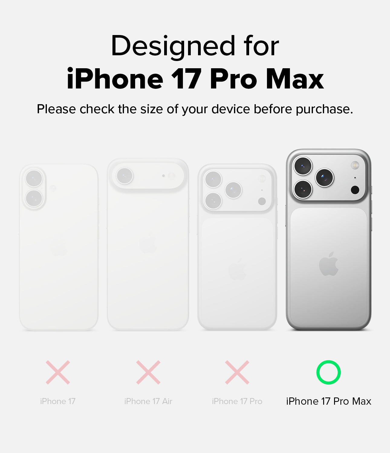 Compatibility guide for iPhone 17 Pro Max with size comparison icons.