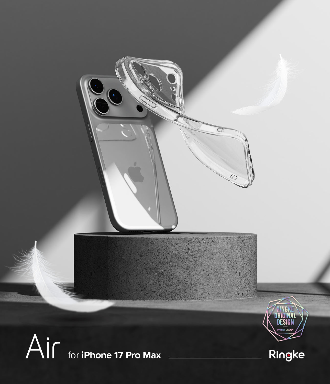 Clear phone case on a stand with 'Ringke' branding for iPhone 17 Pro Max