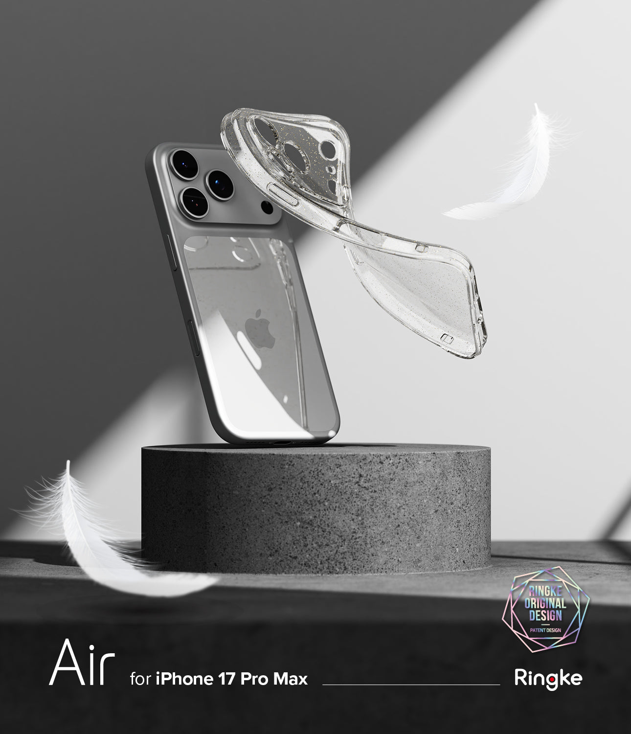 Glitter clear phone case on a stand with 'Ringke' branding for iPhone 17 Pro Max