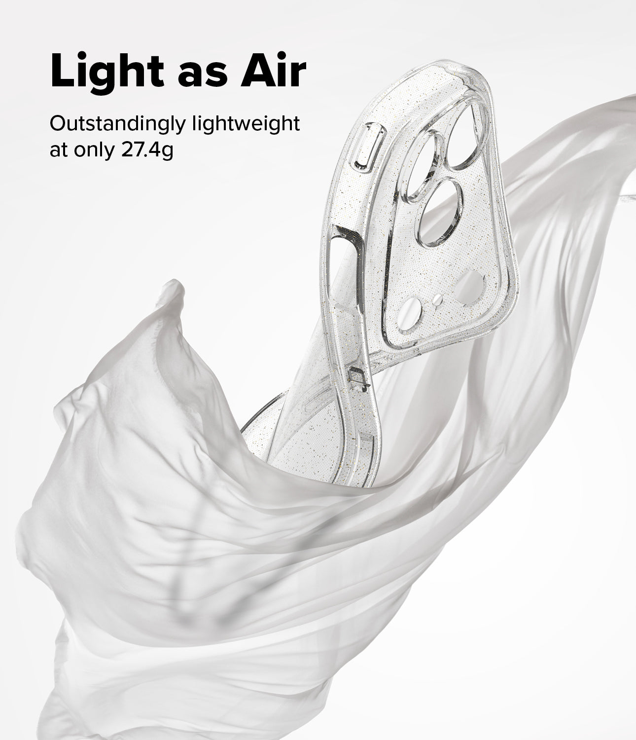 Lightweight product with text 'Light as Air' and weight '27.4g' on a white background