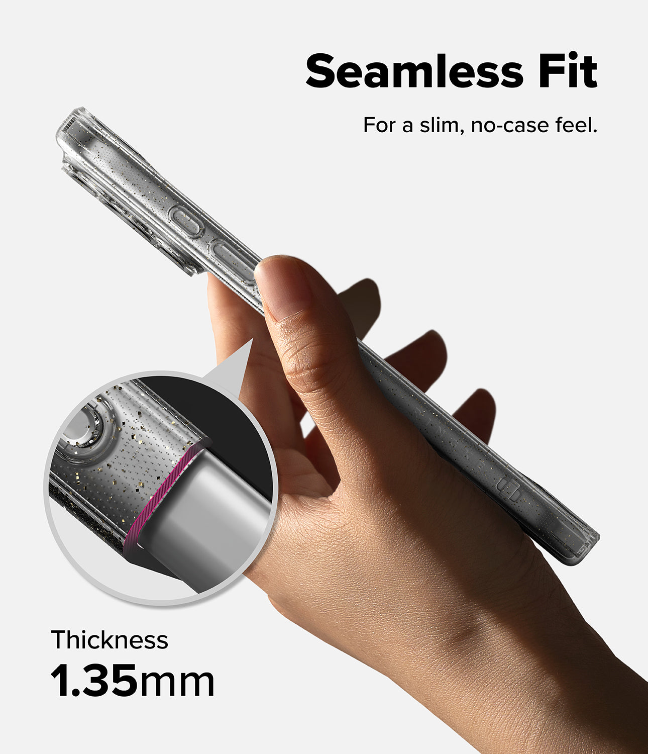 Hand holding a iPhone 17 pro max with a clear case, emphasizing 'Seamless Fit' and 'Thickness 1.35 mm'.