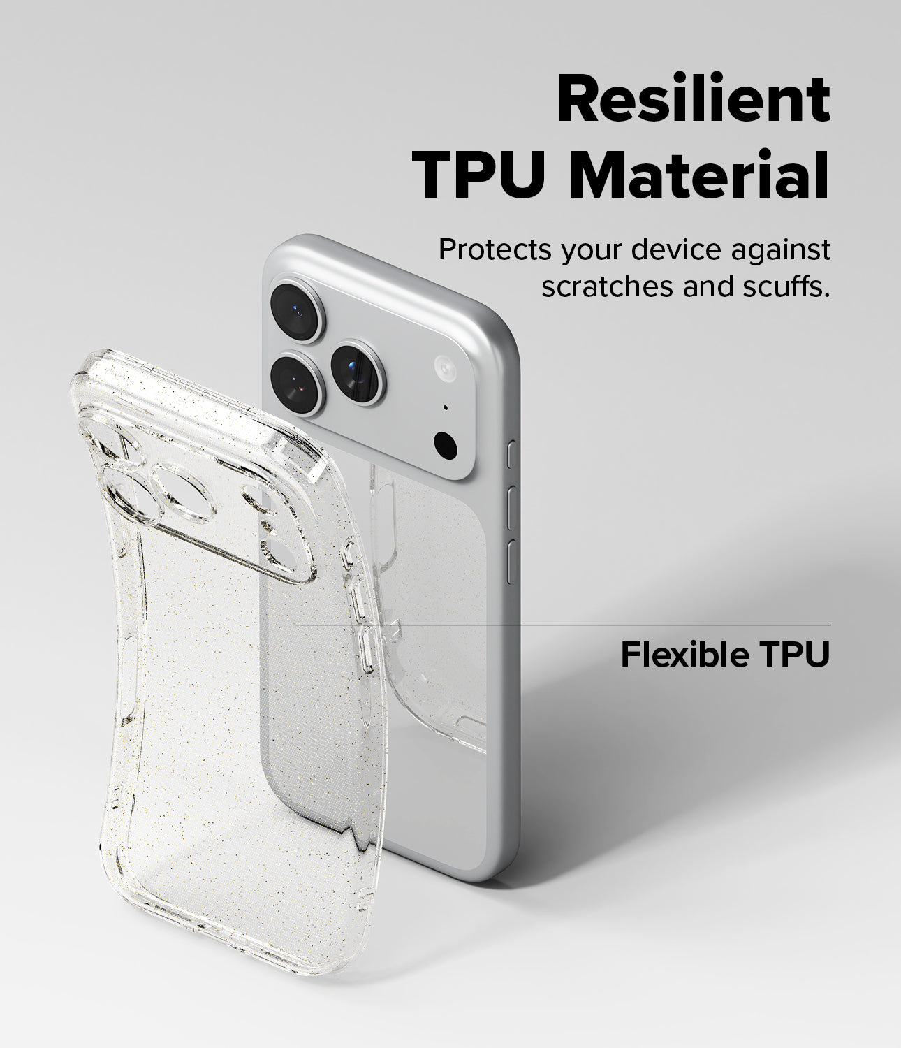 iPhone 17 pro max phone case with text highlighting TPU material on a gray background