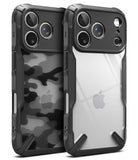 Two black iPhone 17 Pro Max cases with camouflage and clear designs on a white background