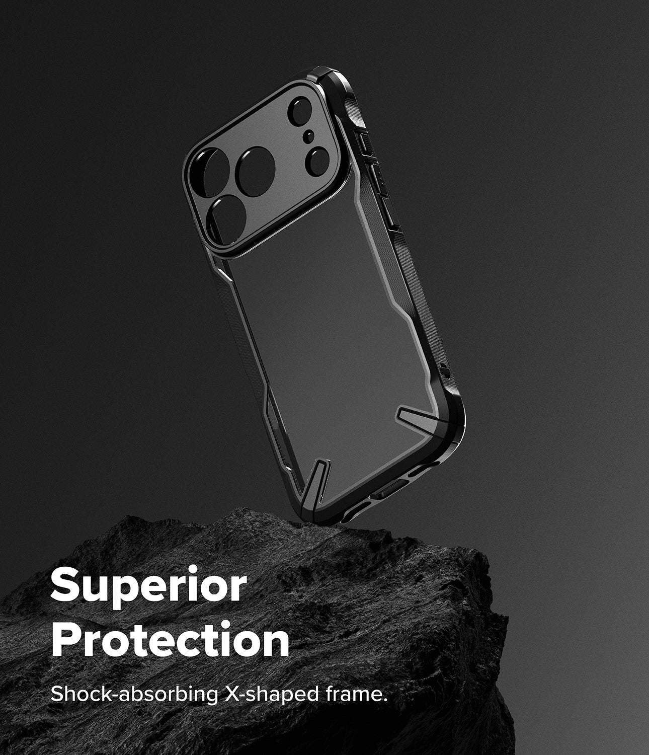 iPhone 17 Pro Max case with X-shaped frame on a dark background