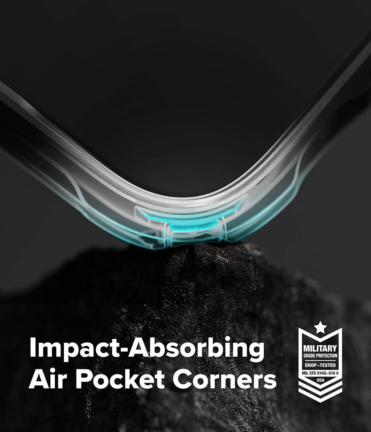 iPhone 17 Pro Max case with impact-absorbing air pocket corners on a dark background