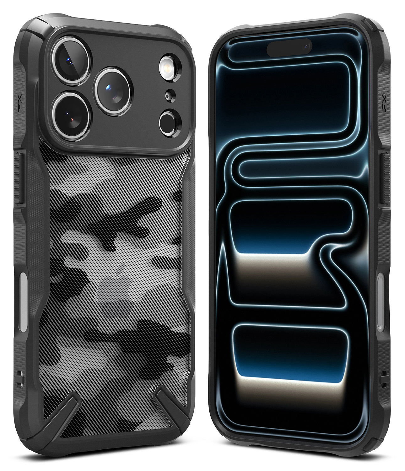 Two iPhone 17 pro max cases, one with a camouflage pattern and the other with a futuristic design, on a white background.