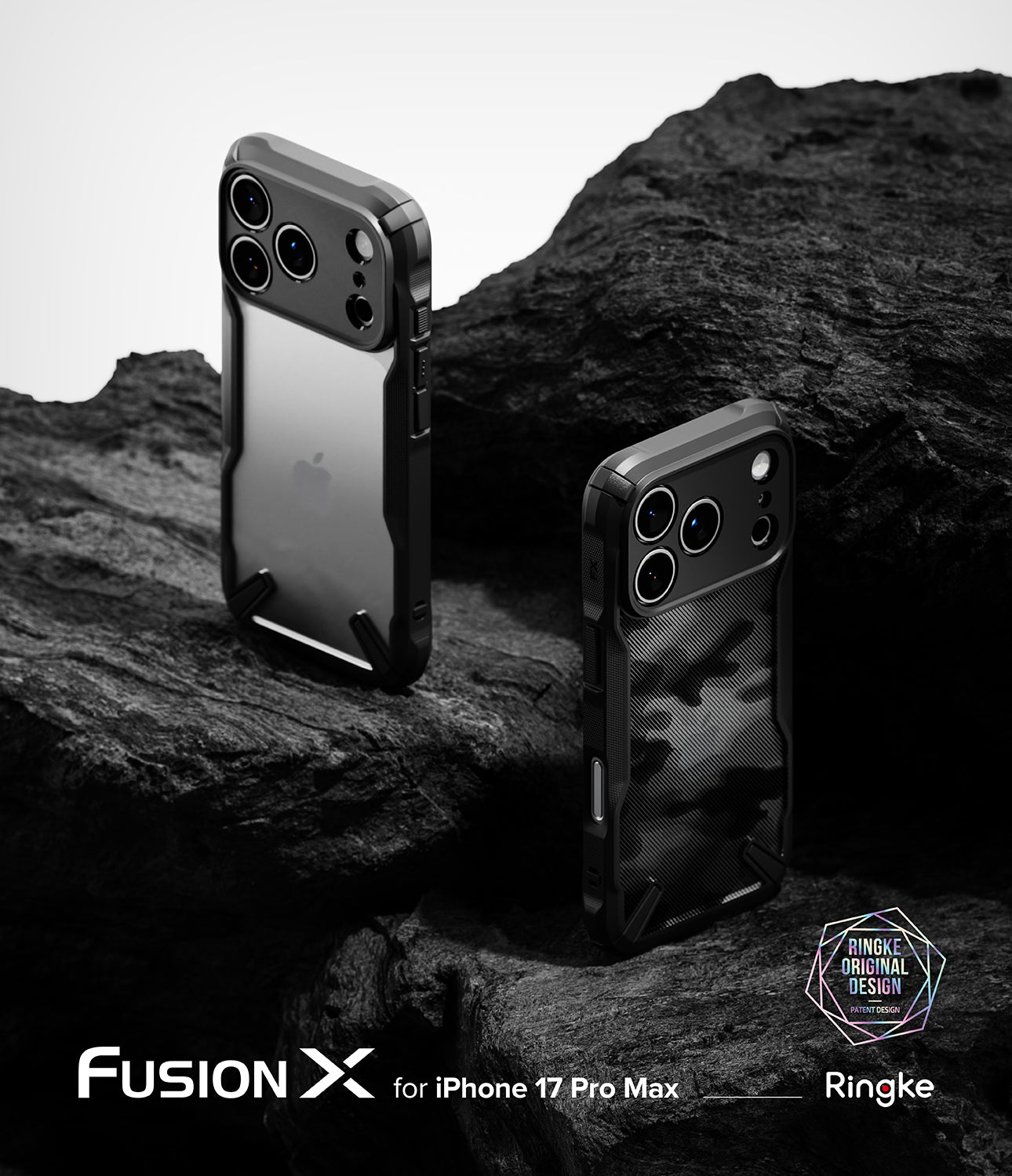 Two iPhone 17 pro max cases on a rocky surface with 'Fusion X' branding.
