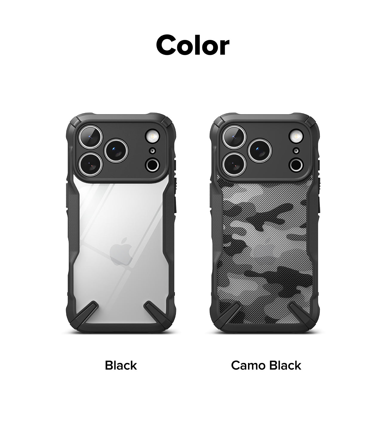 iPhone 17 Pro Max Case two color variations, one labeled 'Black' and the other 'Camo Black', on a white background.