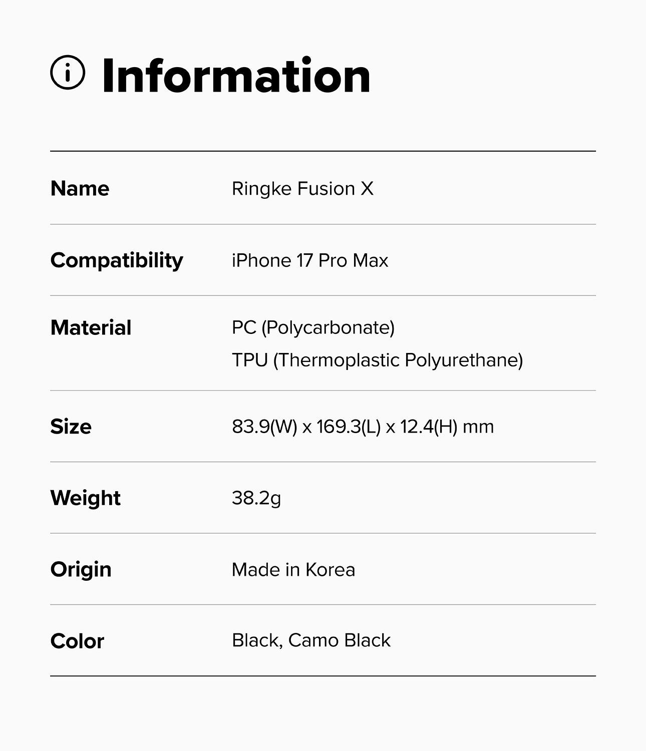 Product information card for Ringke Fusion X case with specifications.
