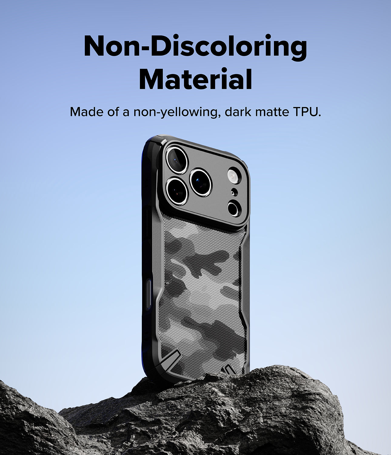 Camouflage iPhone 17 pro max case on a rock with text about non-discoloring material