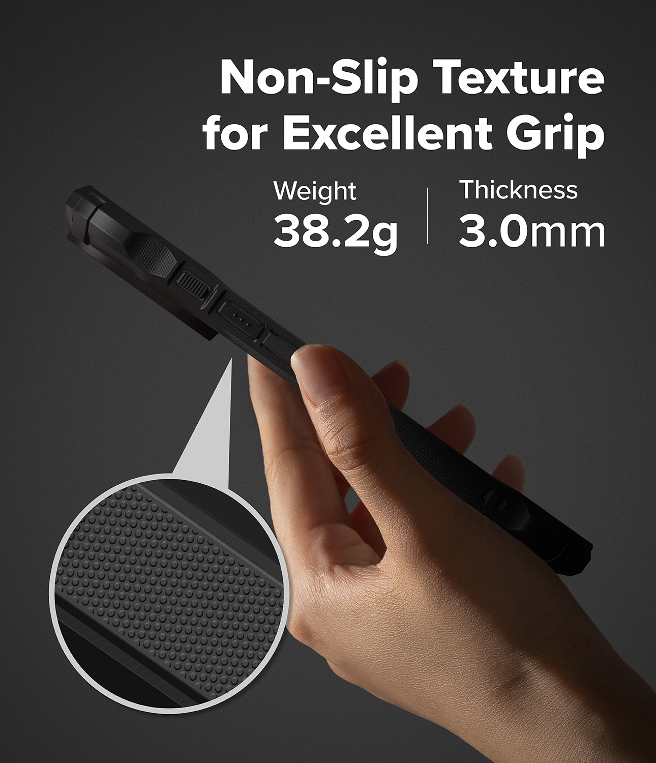 Hand holding a black iPhone 17 pro max case with text about non-slip texture, weight, and thickness.