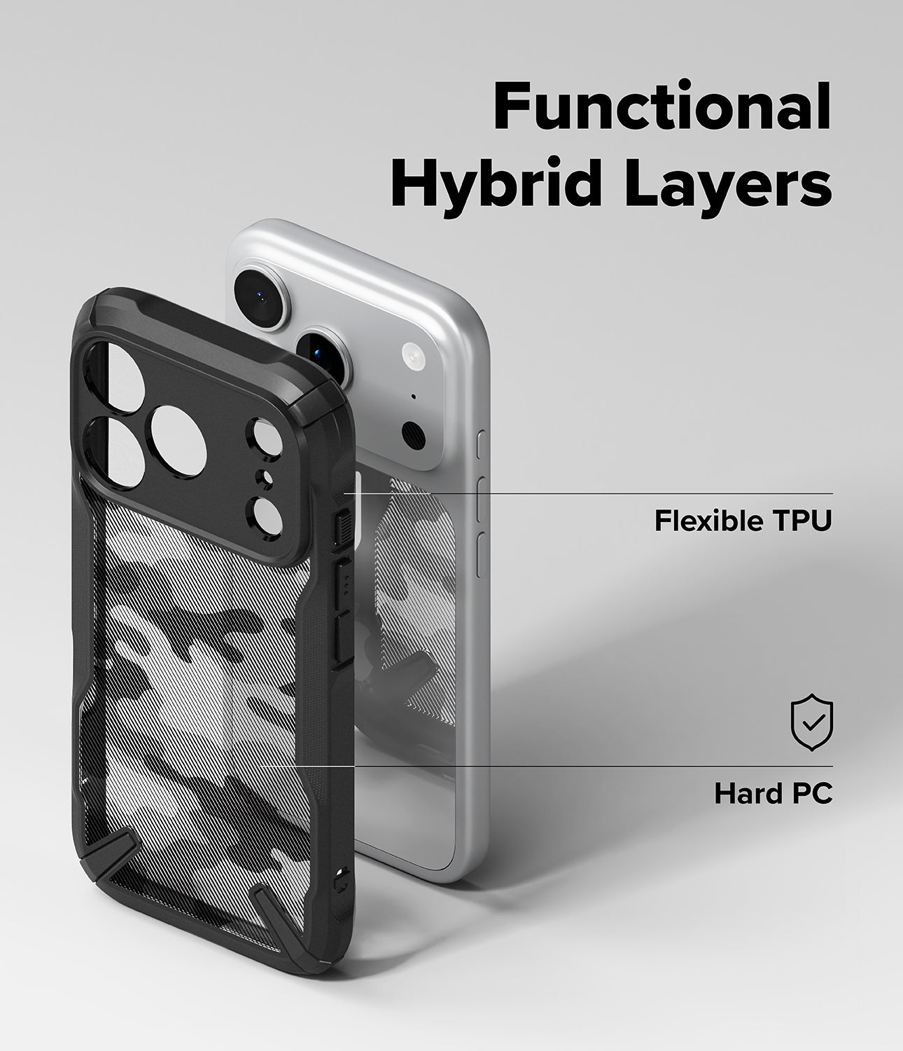 iPhone 17 pro max case with clear back and text about hybrid design