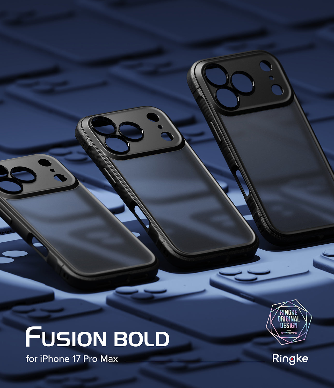 Black phone case for iPhone 17 Pro Max with 'Fusion Bold' branding on a blue textured background.
