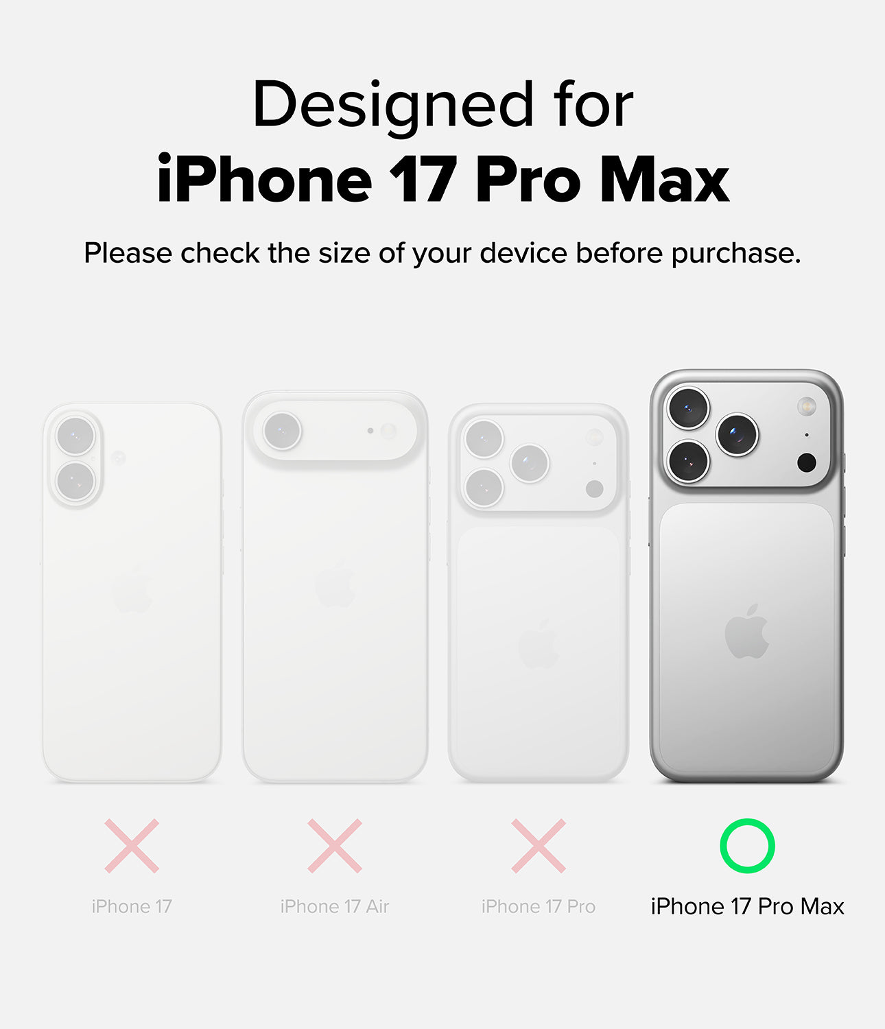 Comparison chart for phone cases designed for iPhone 17 Pro Max on a white background.