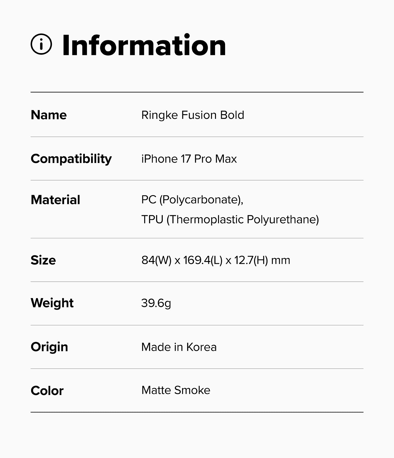 Product information card for Ringke Fusion Bold case with specifications.