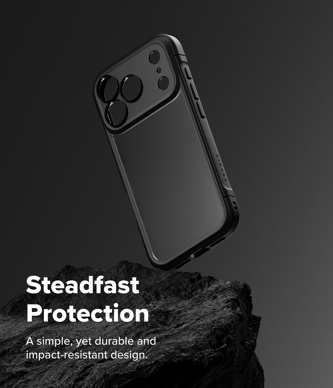 iPhone 17 Pro Max case with 'Steadfast Protection' text on a dark background