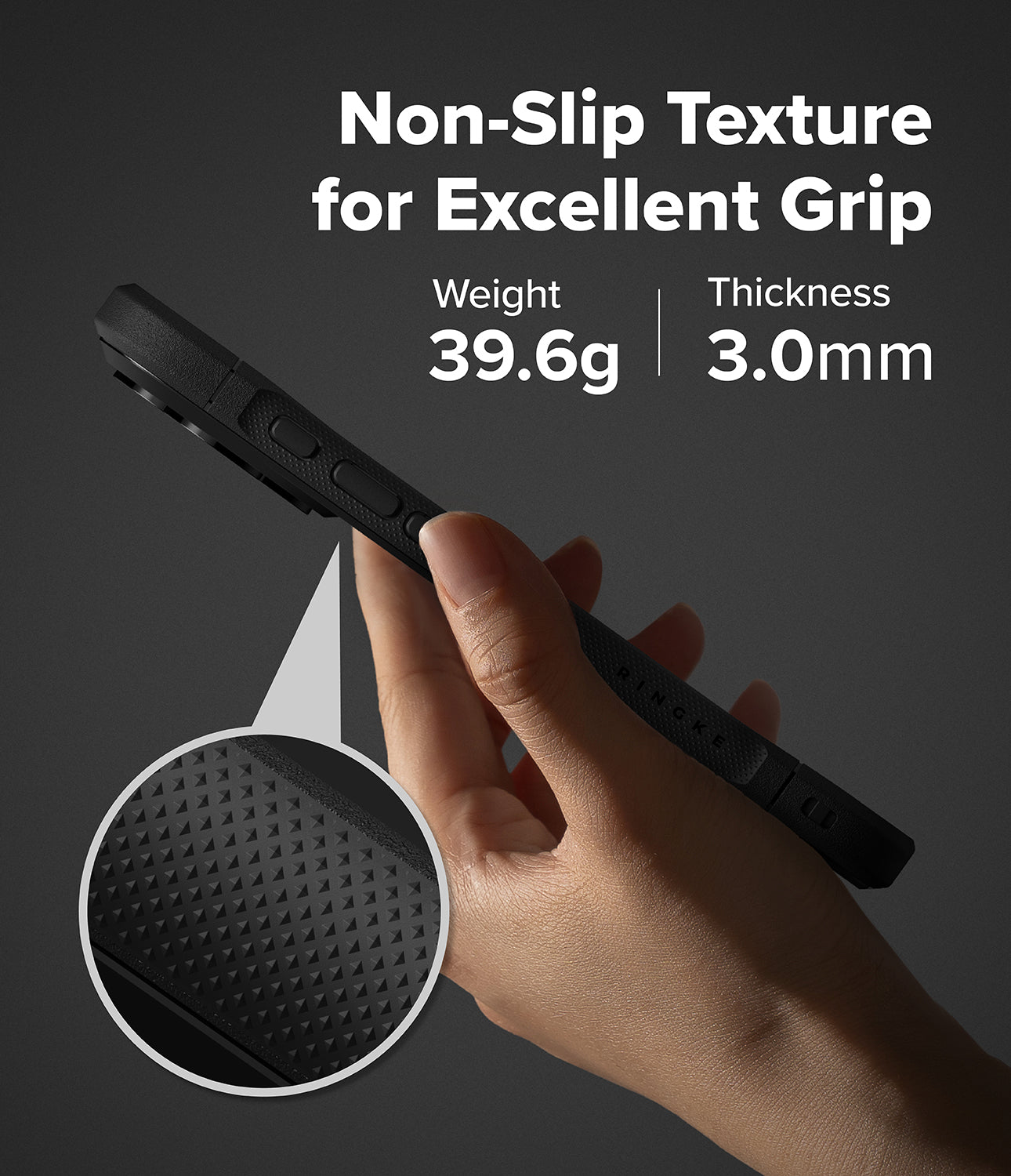 Black iPhone 17 Pro Max case with non-slip texture, held by a hand, on a dark background.