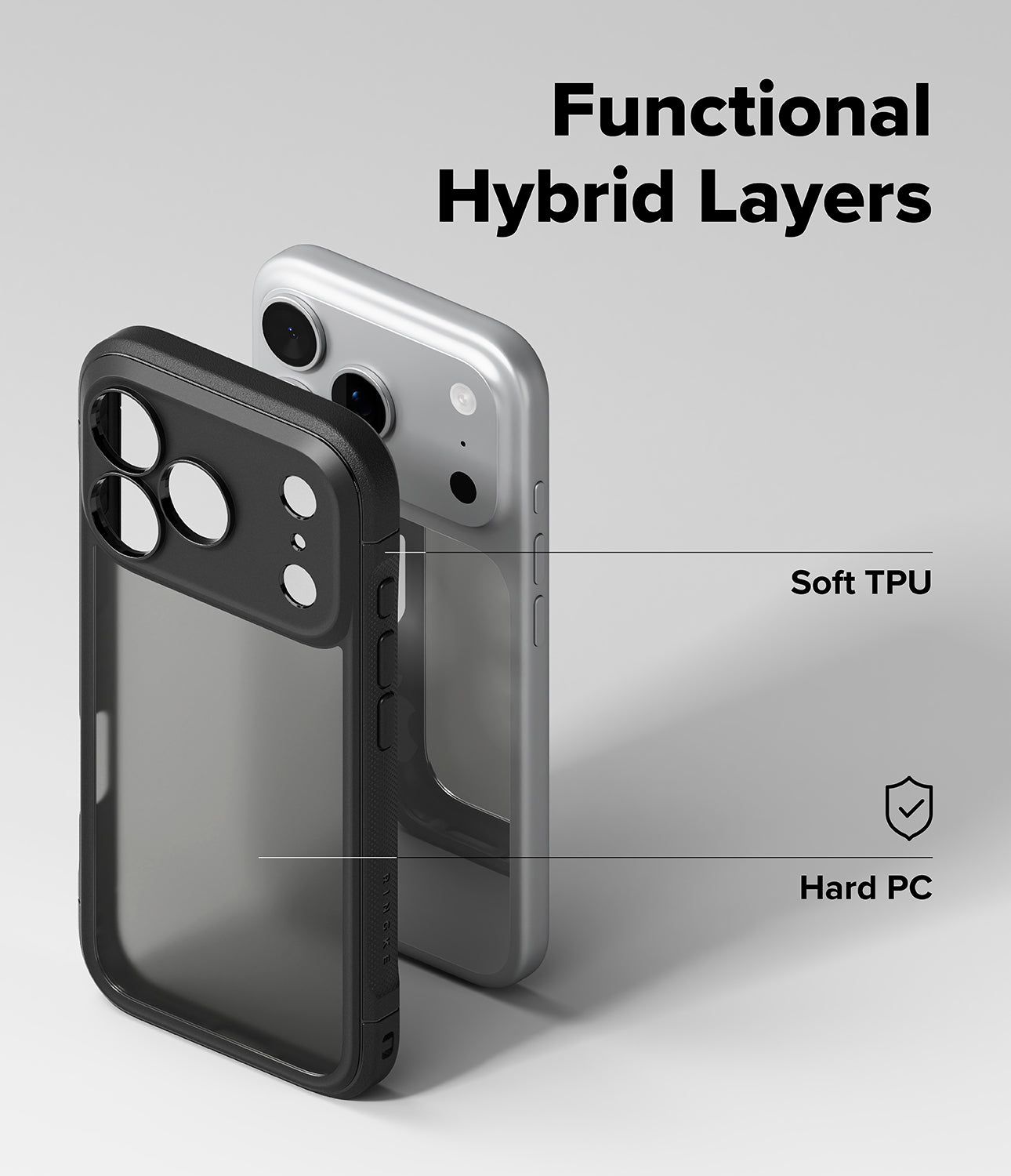 iPhone 17 Pro Max case with hybrid layers on a gray background.