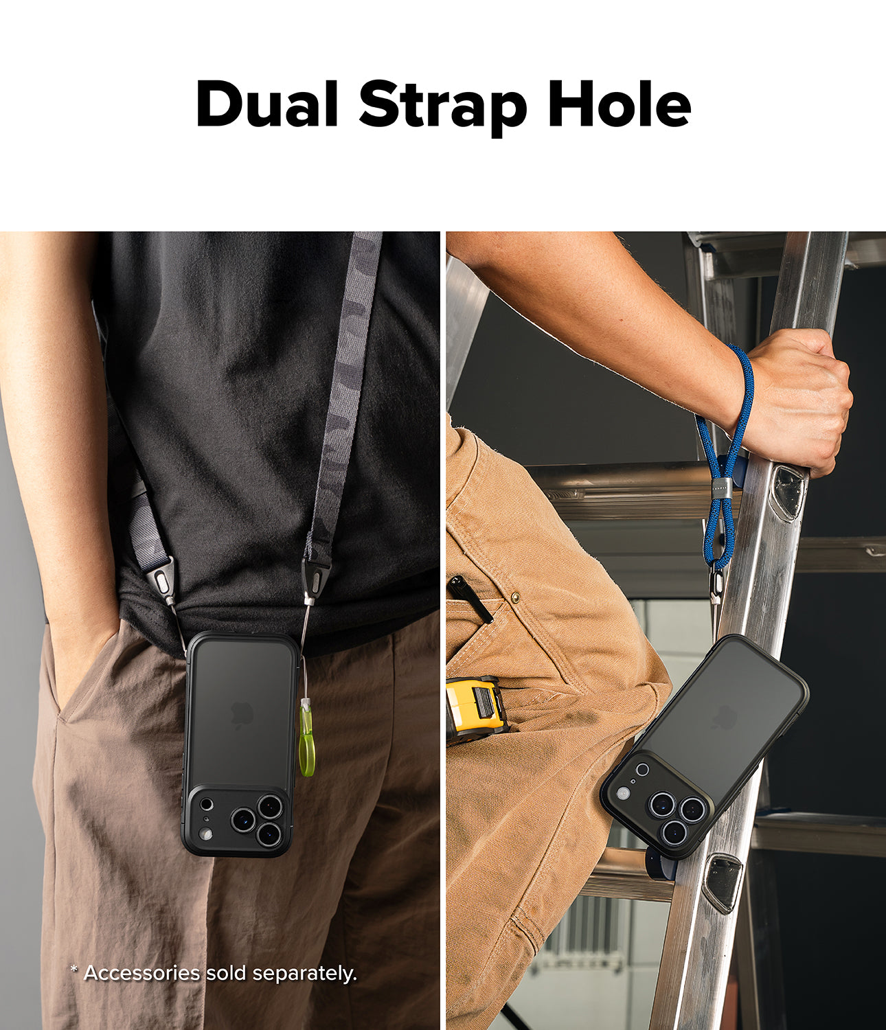 iPhone 17 Pro Max case with dual strap holes worn by a person and attached to a ladder. Compatible with crossbody strap.