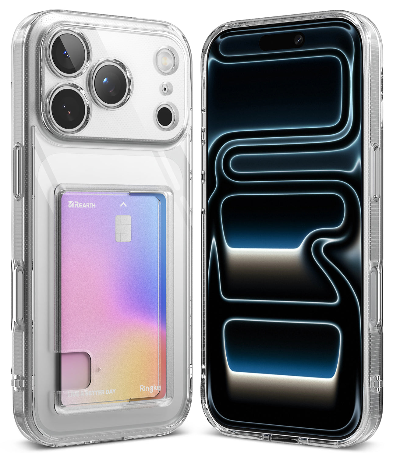 iPhone 17 Pro Max clear case with card wallet storage on a white background